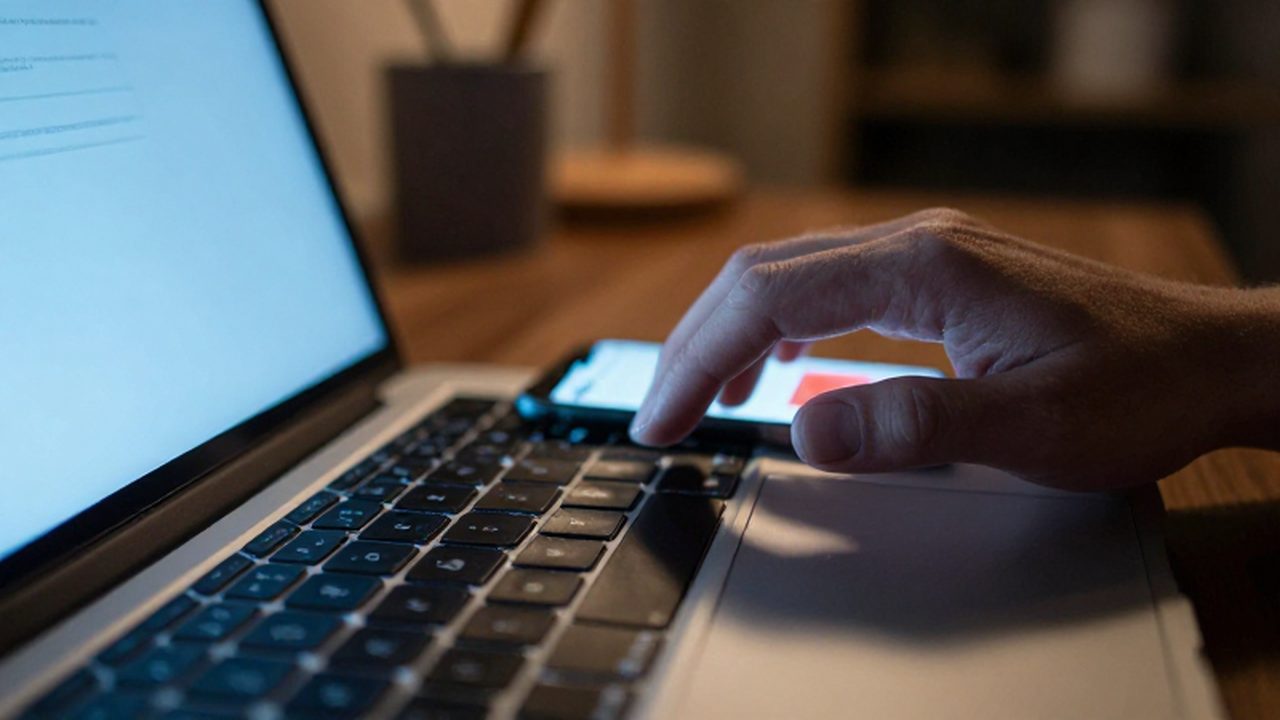 Mano dudosa sobre un teclado de portátil junto a un móvil con un aviso de seguridad.