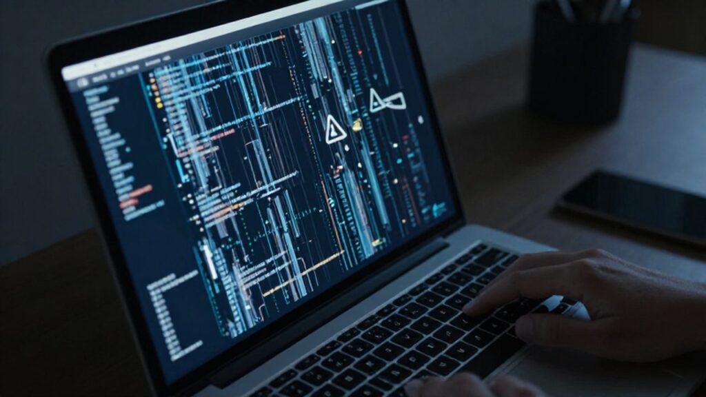 Una mano duda sobre el teclado mientras códigos digitales y símbolos de advertencia desfilan por una pantalla en penumbra.