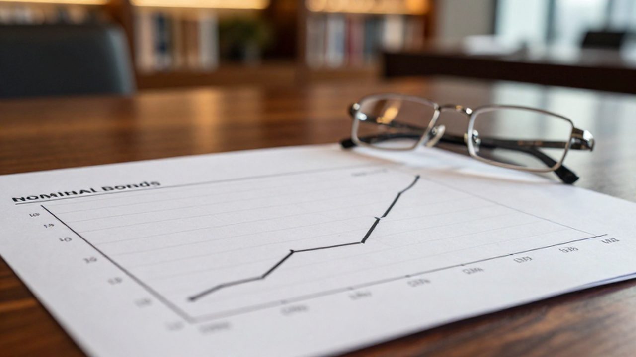 Documentos financieros sobre un escritorio de madera con un gráfico de bonos y una curva de inflación.