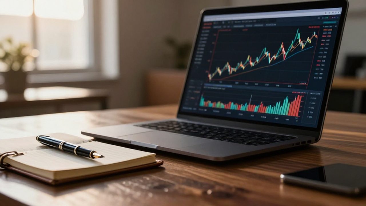 Laptop con gráficos financieros de crecimiento junto a una pluma de lujo sobre un cuaderno de cuero.