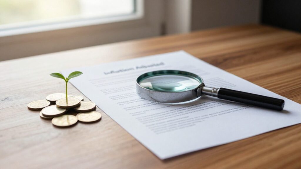 Documento financiero sobre un escritorio de madera con una lupa