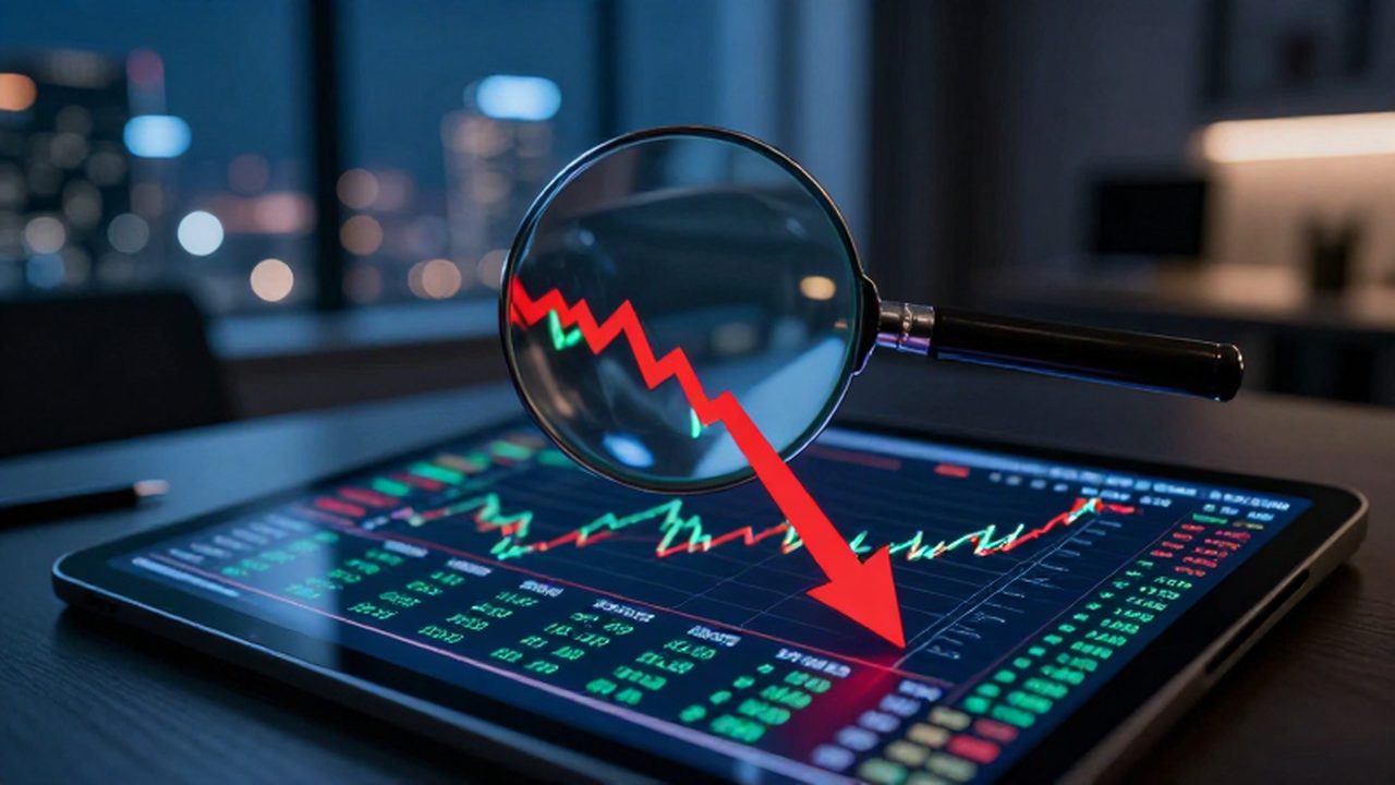 Lupa sobre una tableta digital que muestra un gráfico bursátil con una caída de mercado en rojo.