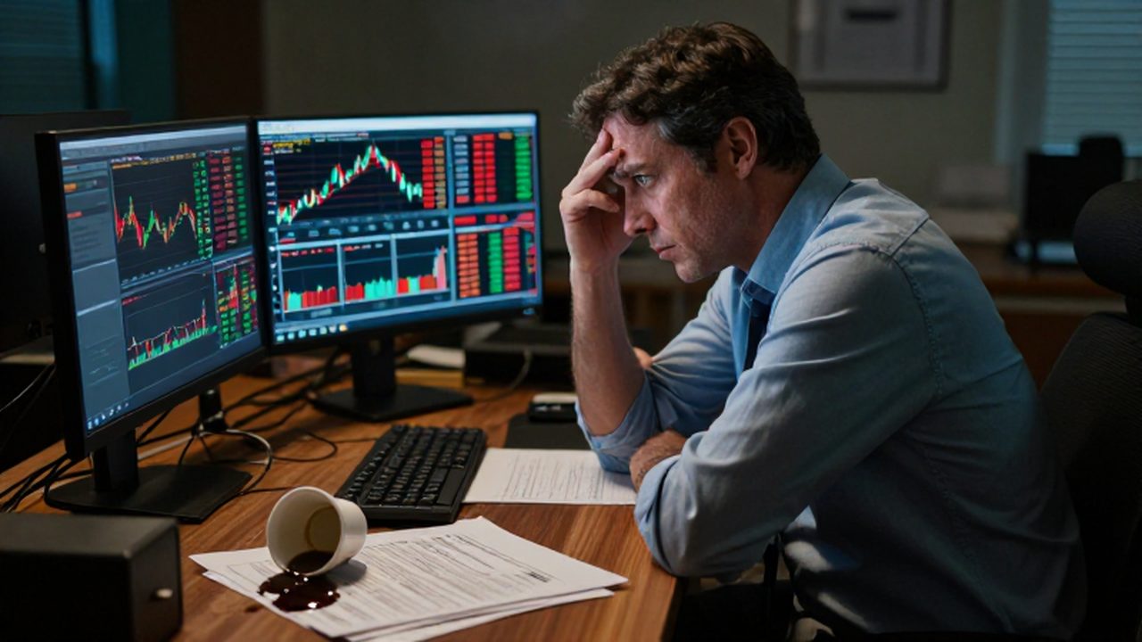 Trader estresado frente a monitores con gráficos bursátiles y documentos financieros sobre un escritorio.