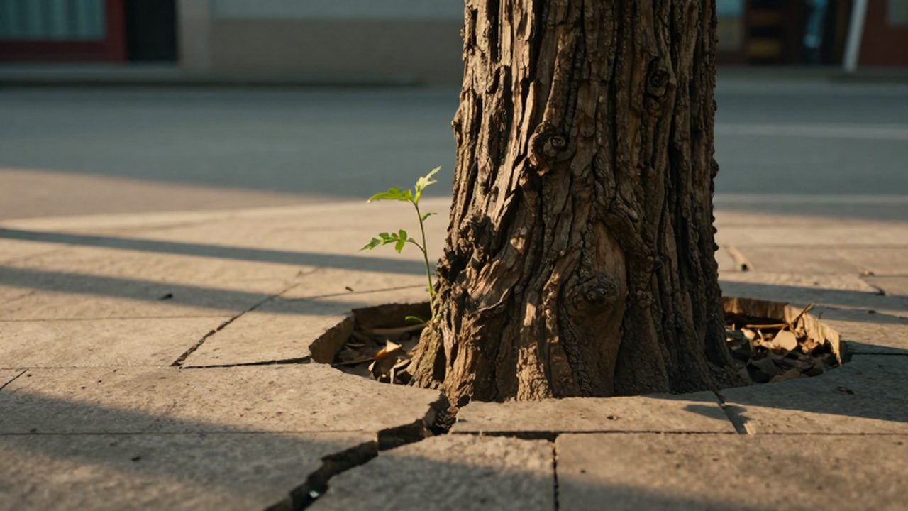 Un viejo roble crece entre las grietas de un pavimento de piedra bajo la luz del atardecer.