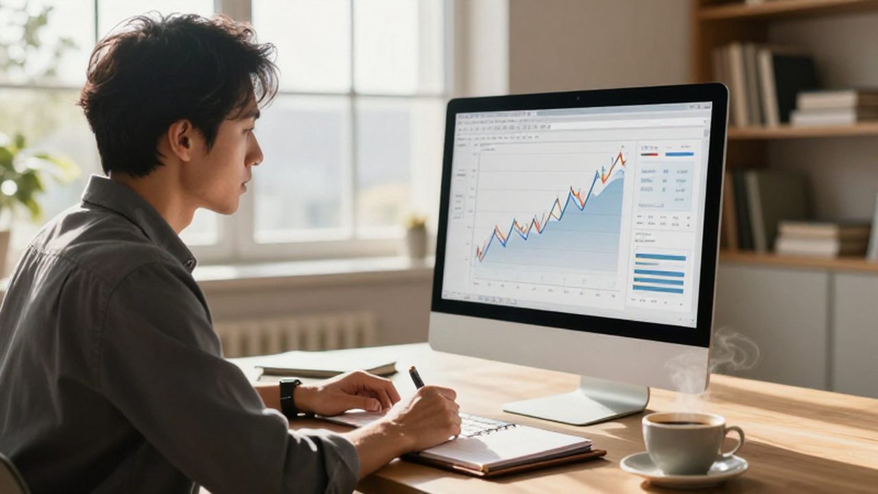 Analista financiero examinando gráficos de crecimiento en un monitor dentro de una oficina luminosa.