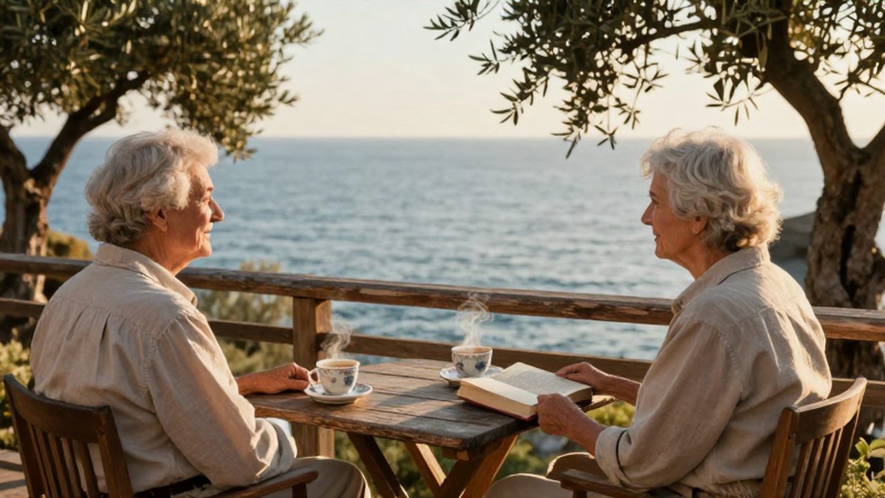Pareja mayor tomando café en una terraza de madera con vistas al mar mediterráneo.