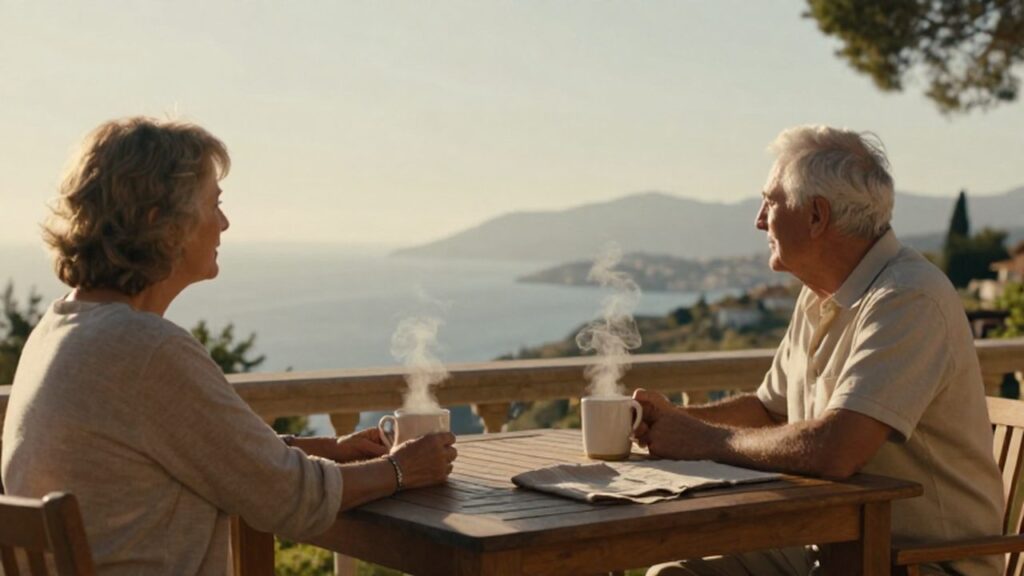 Pareja de ancianos sentada en una terraza frente al mar mediterráneo con dos tazas de café.