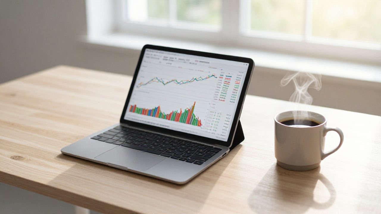 Tablet con gráficos de crecimiento bursátil sobre un escritorio minimalista junto a una taza de café.