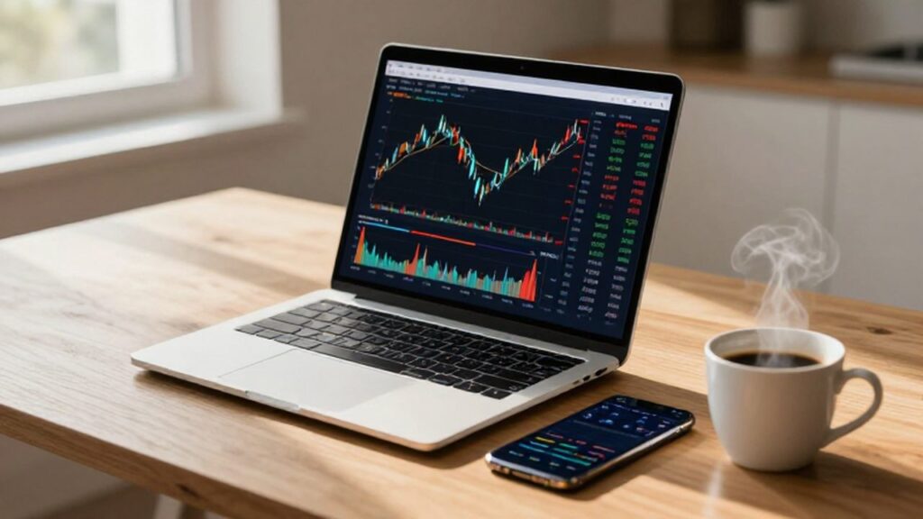 Escritorio moderno con un portátil que muestra gráficos financieros