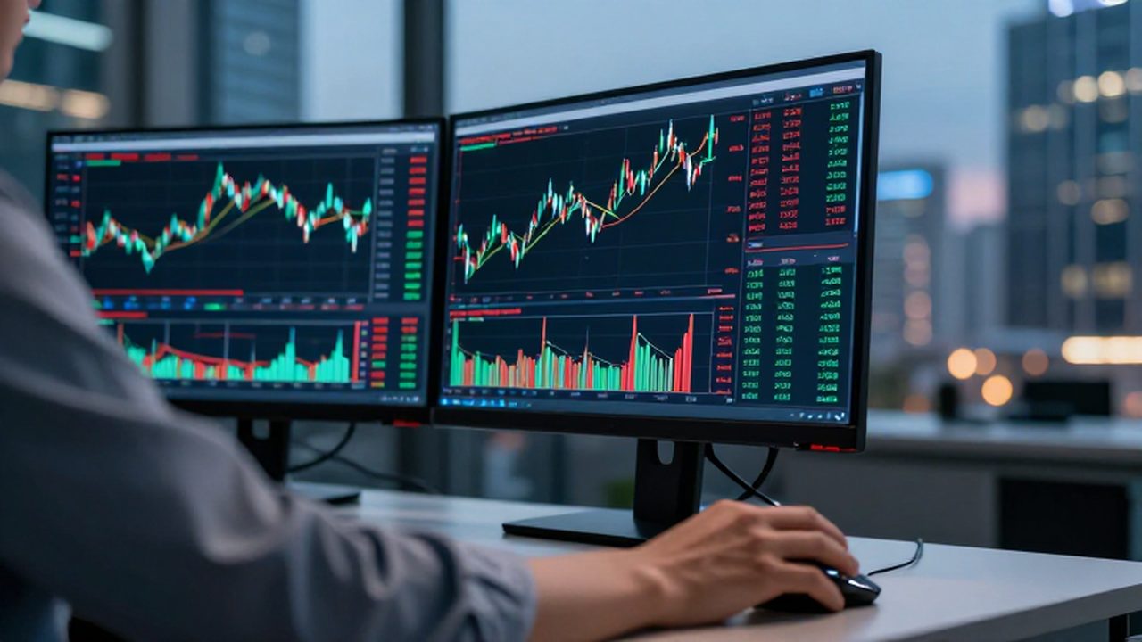 Escritorio de un trader con varios monitores que muestran gráficos financieros y tendencias de datos.