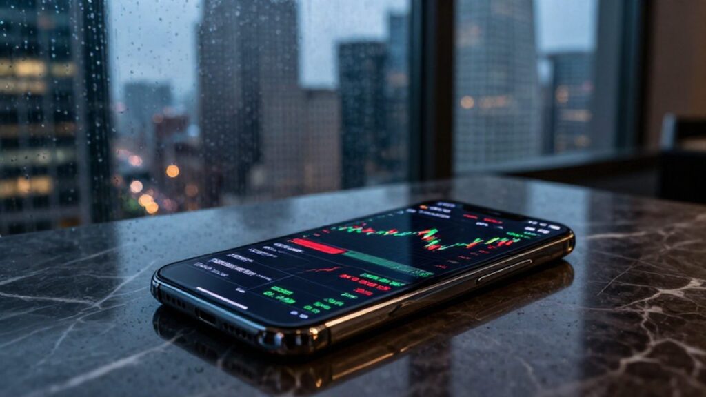 Smartphone con gráficos bursátiles en tiempo real sobre un escritorio de mármol frente a un skyline nocturno.