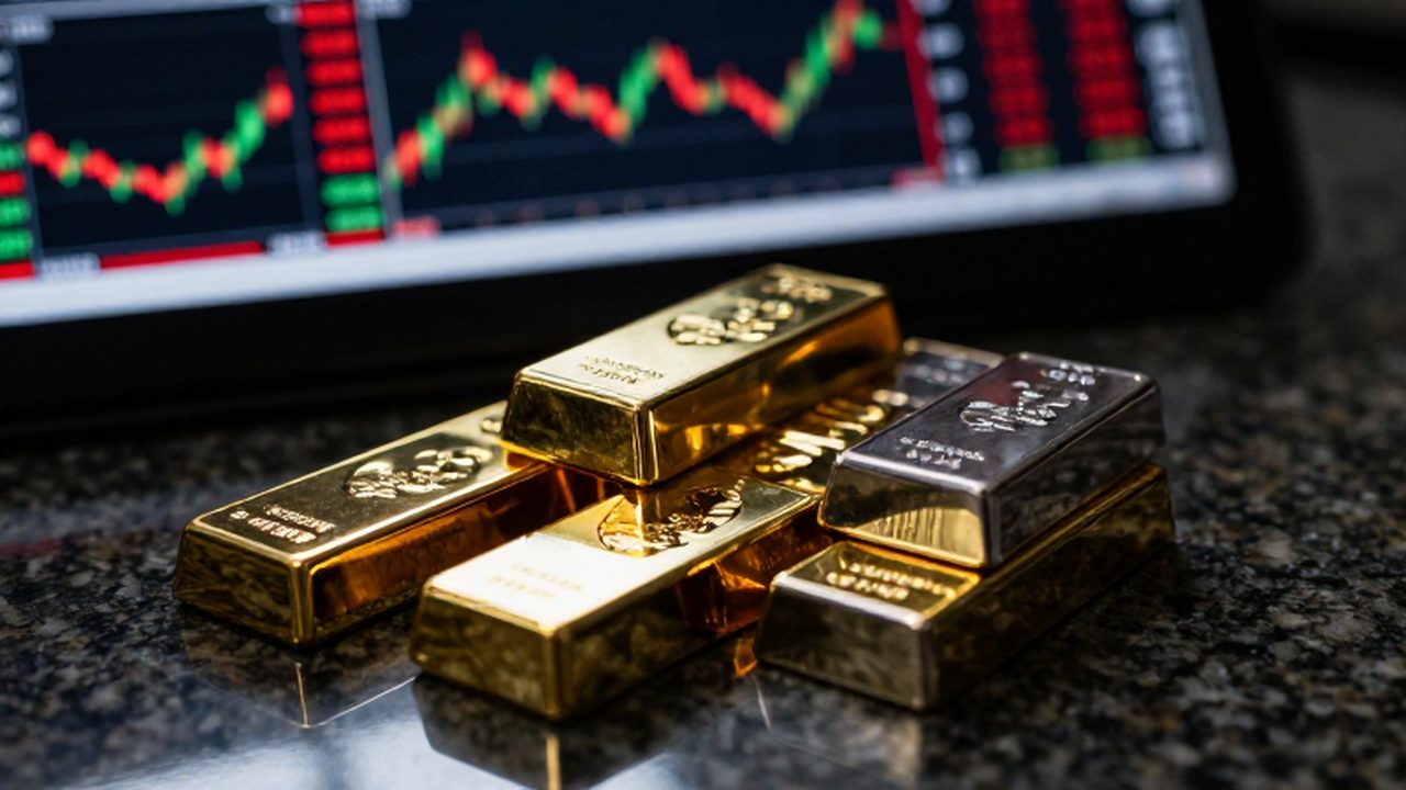 Lingotes de oro y plata apilados sobre granito oscuro con gráficos bursátiles desenfocados al fondo.