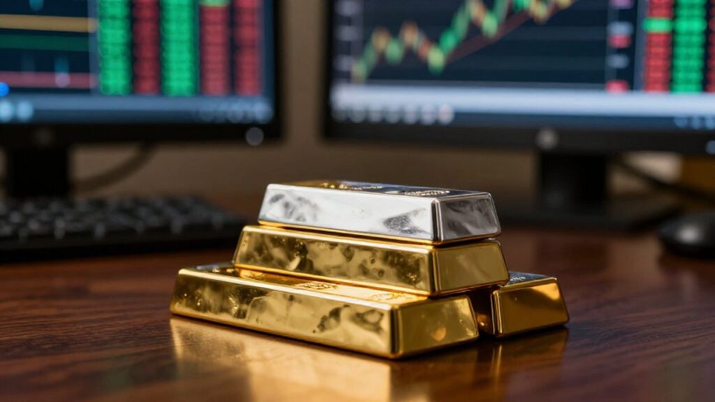 Lingotes de oro y plata apilados sobre un escritorio de madera con gráficos financieros de fondo.