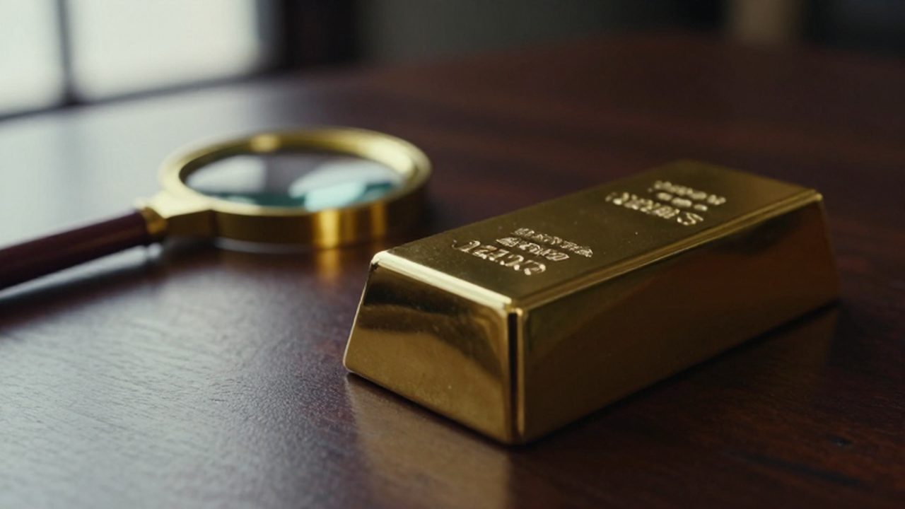 Lingote de oro pulido con grabados detallados sobre un escritorio de madera oscura junto a una lupa antigua.