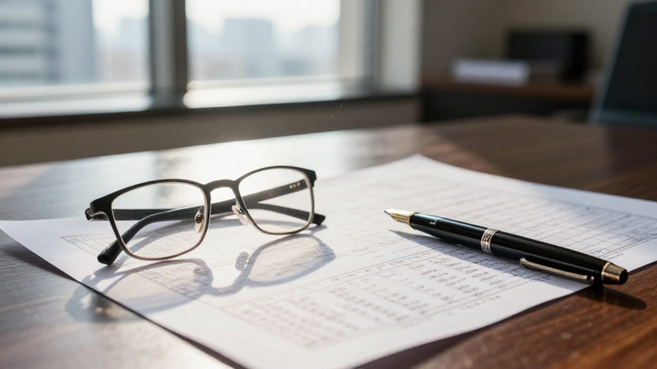 Gafas, una pluma estilográfica y un informe de mercado sobre un escritorio de caoba.