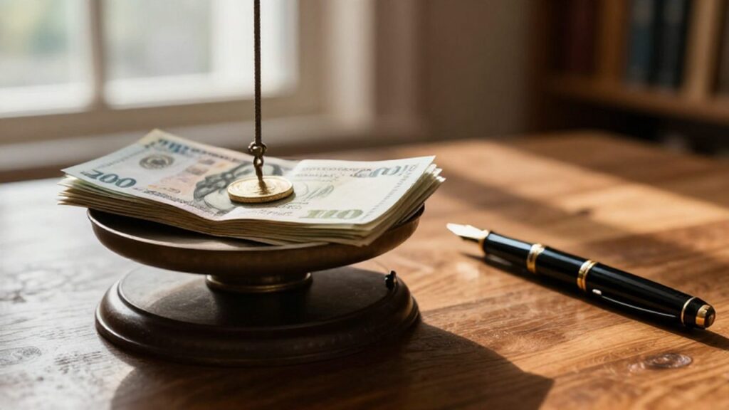 Báscula mecánica antigua equilibrando billetes y una moneda de oro sobre un escritorio de madera.
