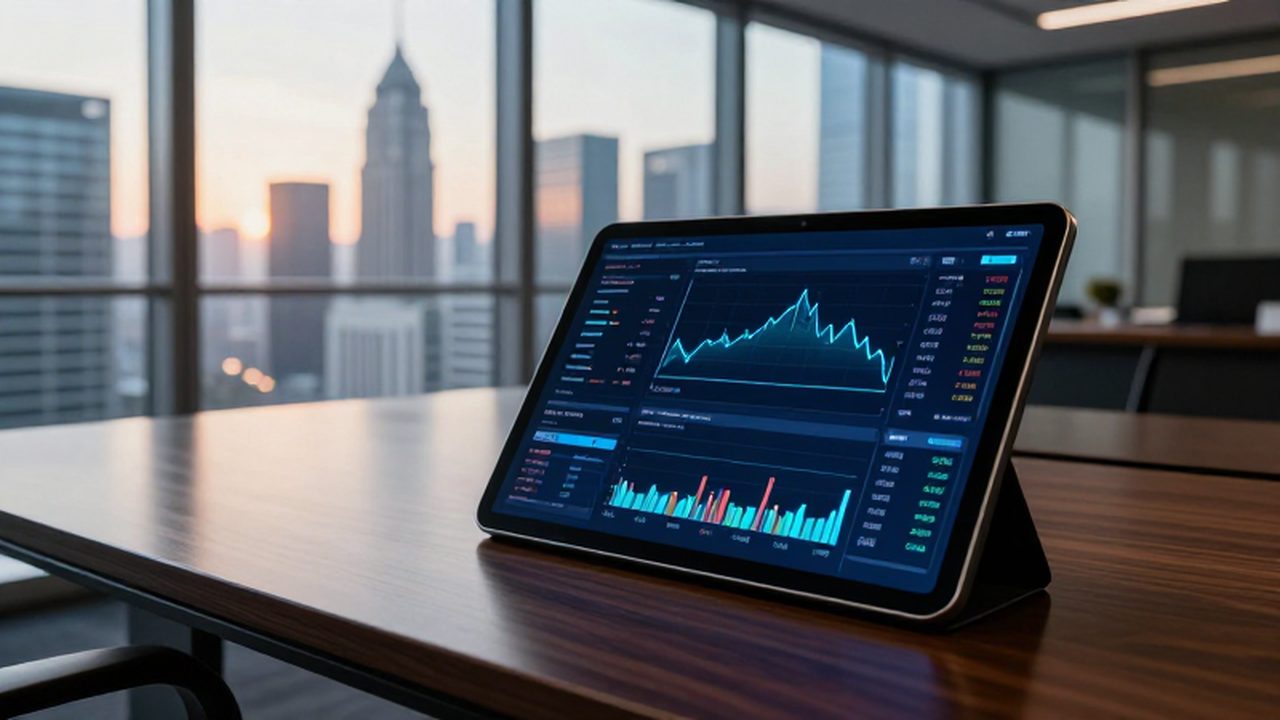 Tablet con gráficas de criptomonedas sobre un escritorio de oficina en un rascacielos.