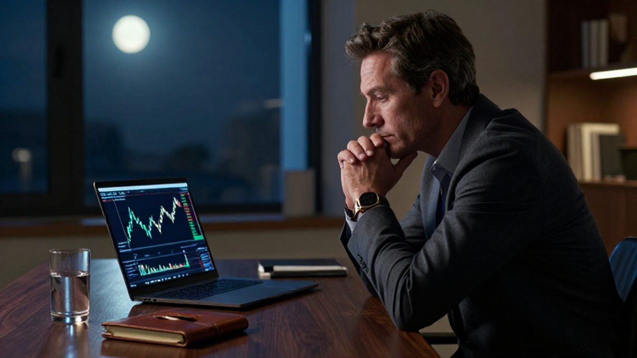 Hombre profesional pensativo sentado frente a un escritorio con gráficos de trading al fondo.
