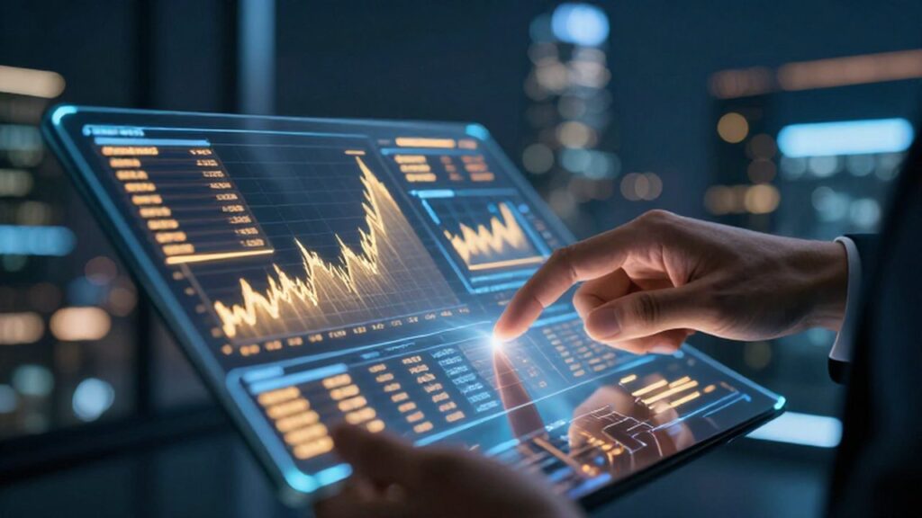 Mano profesional interactuando con una interfaz holográfica de gráficos financieros y datos de criptomonedas.