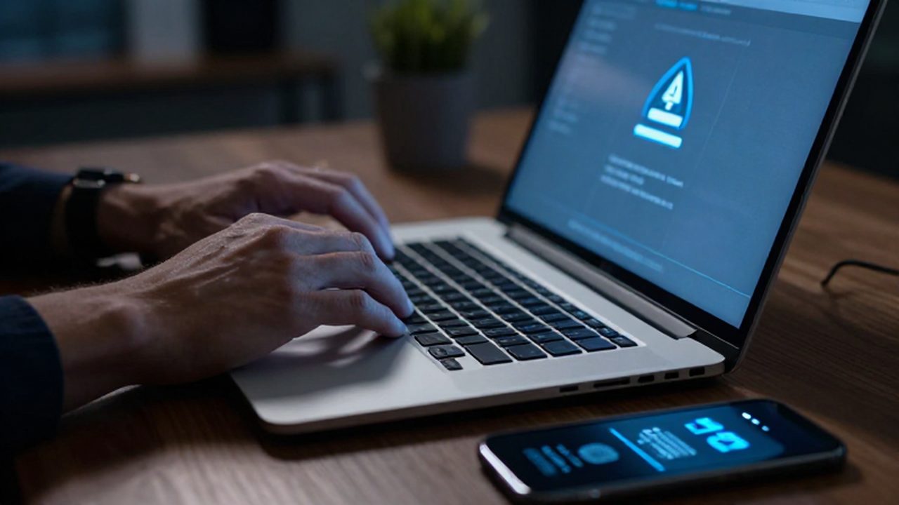 Manos escribiendo en un portátil junto a un móvil que muestra una alerta de seguridad.