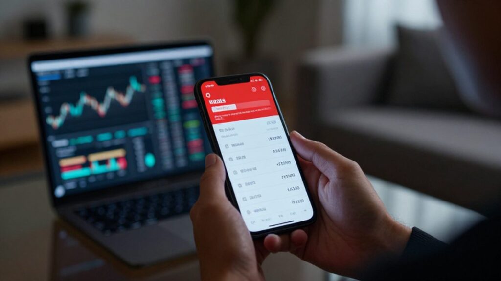 Manos sosteniendo un móvil que muestra una alerta roja de transacciones bancarias sospechosas.