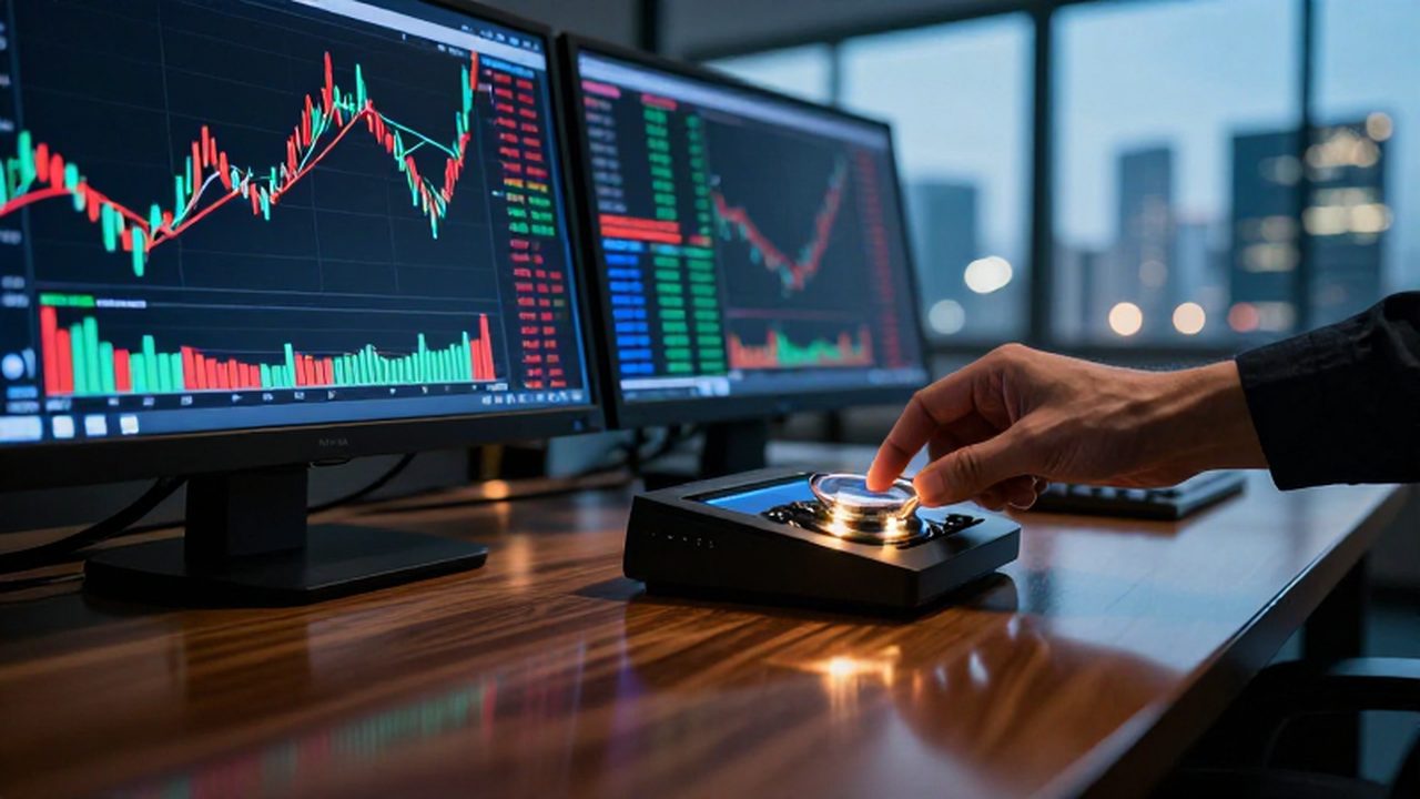Mano profesional ajustando un dispositivo de cobertura financiera frente a pantallas con gráficos bursátiles.