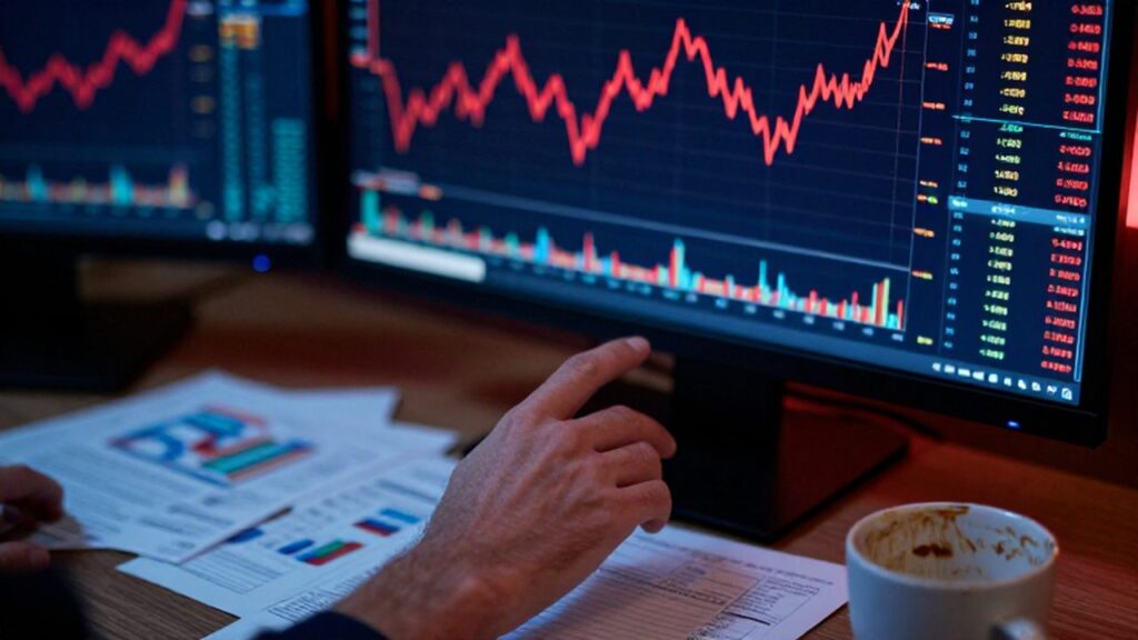 Mano de un trader sobre un monitor con una gráfica financiera roja descendente y errática.