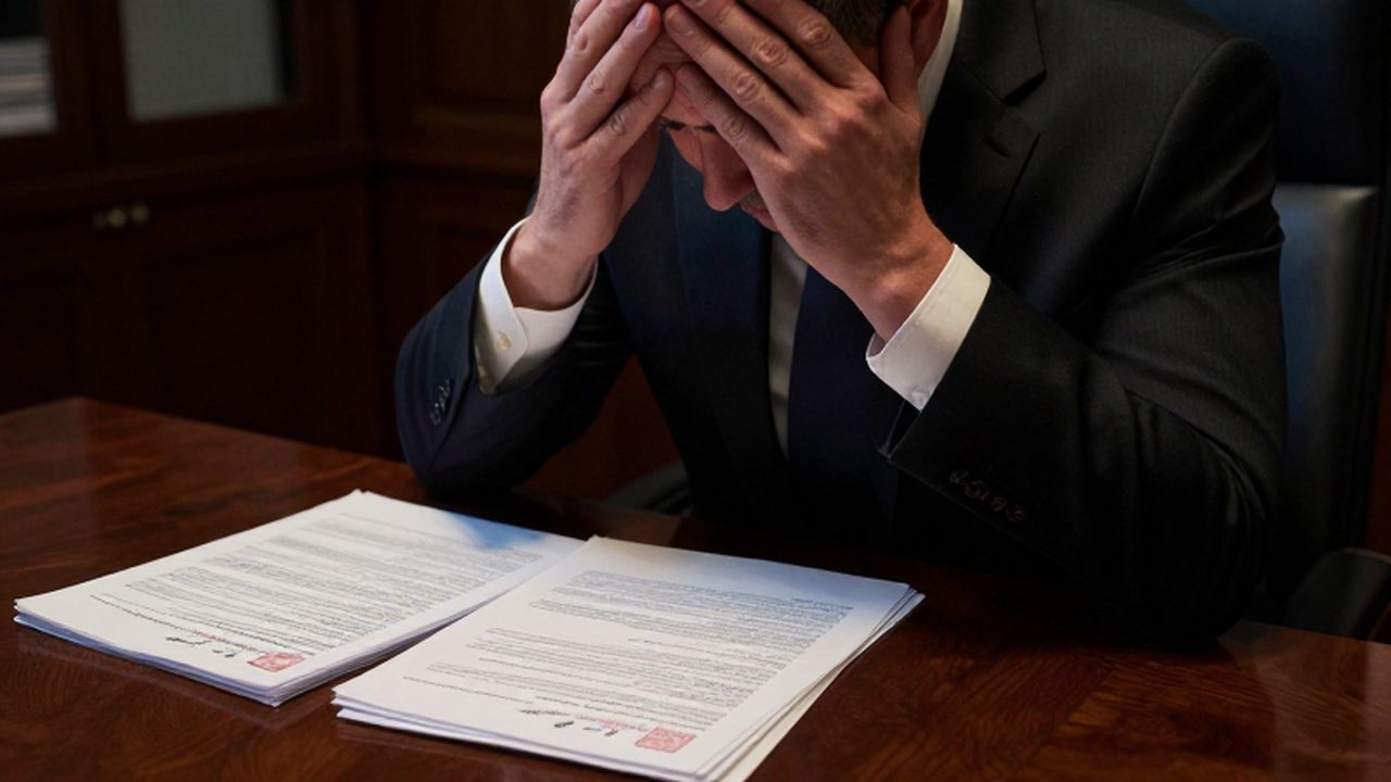 Hombre de negocios agotado frente a documentos de una auditoría fiscal en una oficina oscura.
