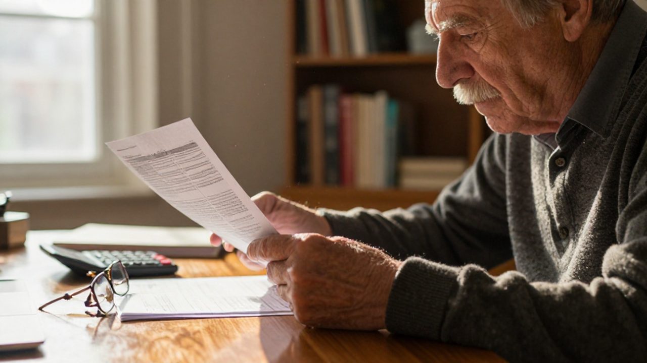 Hombre mayor concentrado revisando documentos financieros y una calculadora en su escritorio de madera.