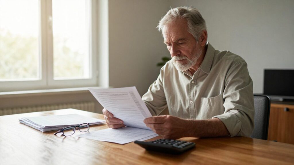 Hombre mayor revisando documentos financieros y una calculadora en un escritorio iluminado por el sol.