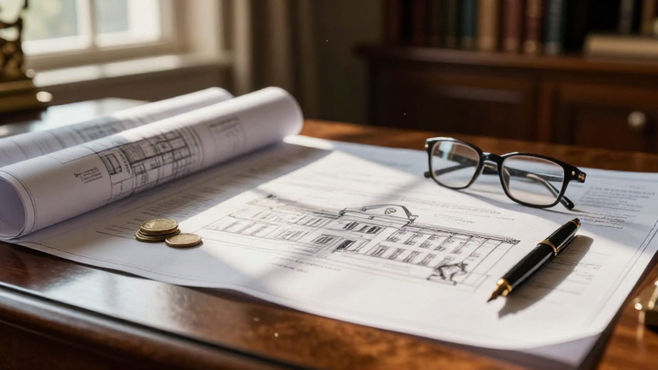 Planos arquitectónicos, documentos legales y monedas de oro sobre un escritorio de madera iluminado por el sol.