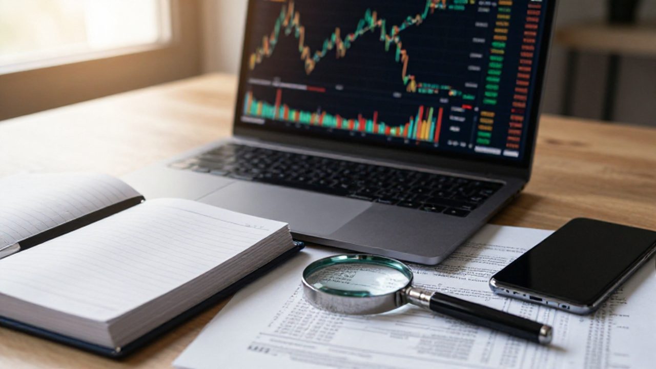 Escritorio profesional con un ordenador mostrando gráficos financieros junto a documentos contables y un smartphone.