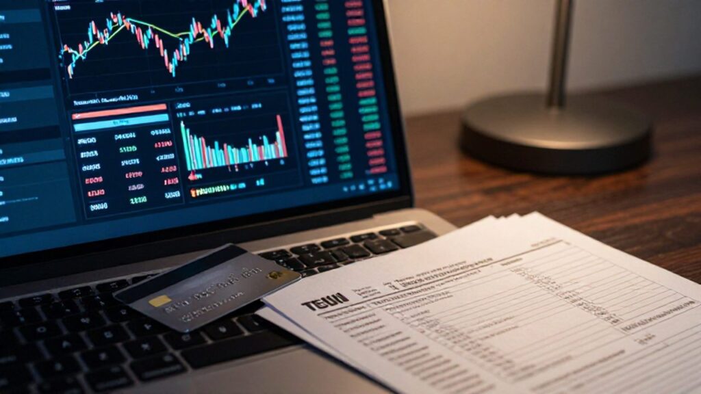 Gráficos de criptomonedas en una pantalla junto a tarjetas y formularios de impuestos sobre un escritorio.
