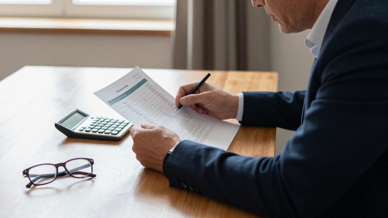 Hombre maduro revisando documentos financieros y su plan de jubilación en un escritorio iluminado.