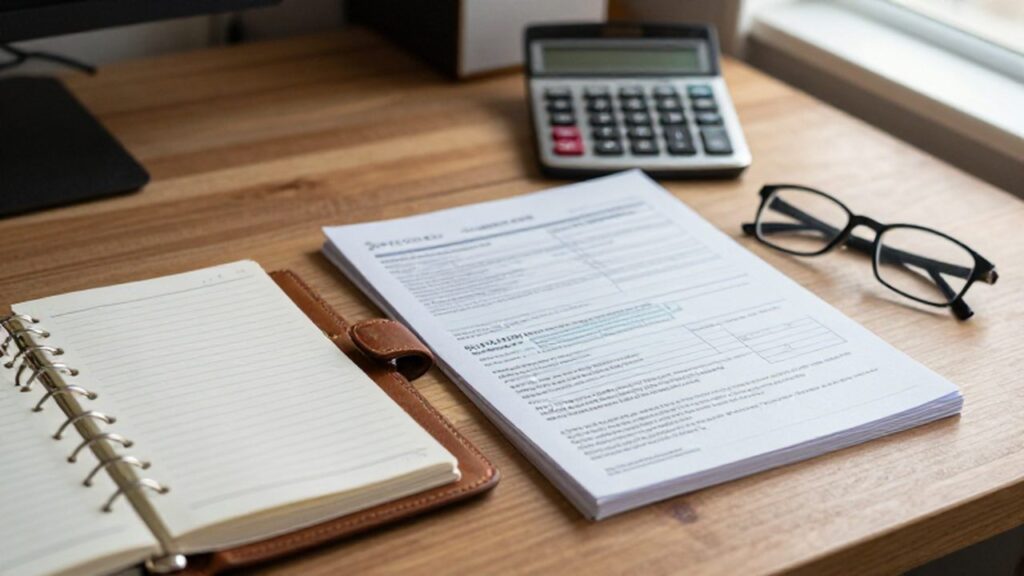 Escritorio de madera con documentos de pensiones