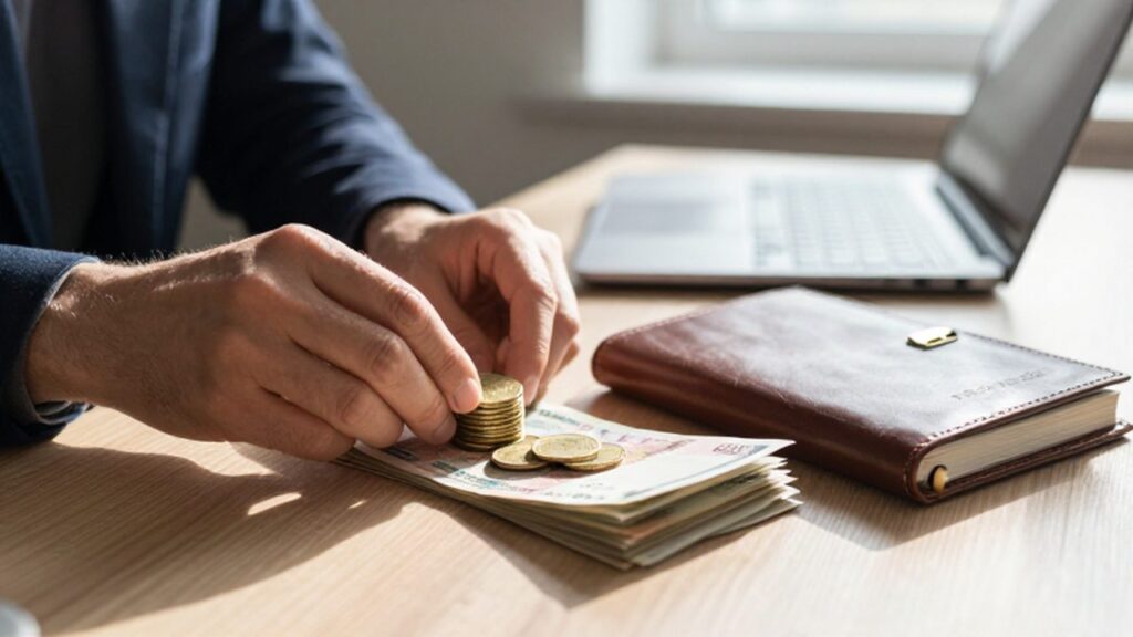Manos organizando monedas de oro y billetes junto a una agenda financiera en un escritorio.