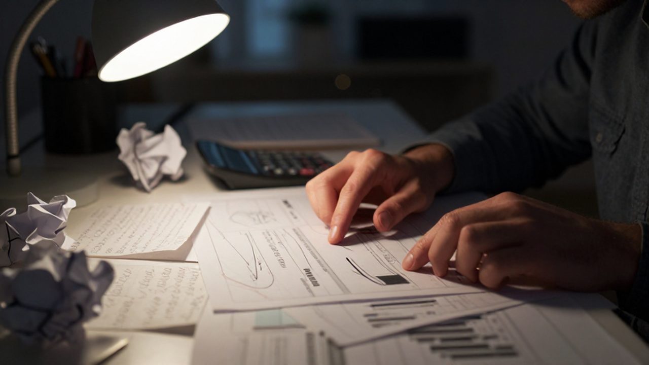 Manos suspendidas sobre un escritorio lleno de gráficos financieros, notas y papeles arrugados.
