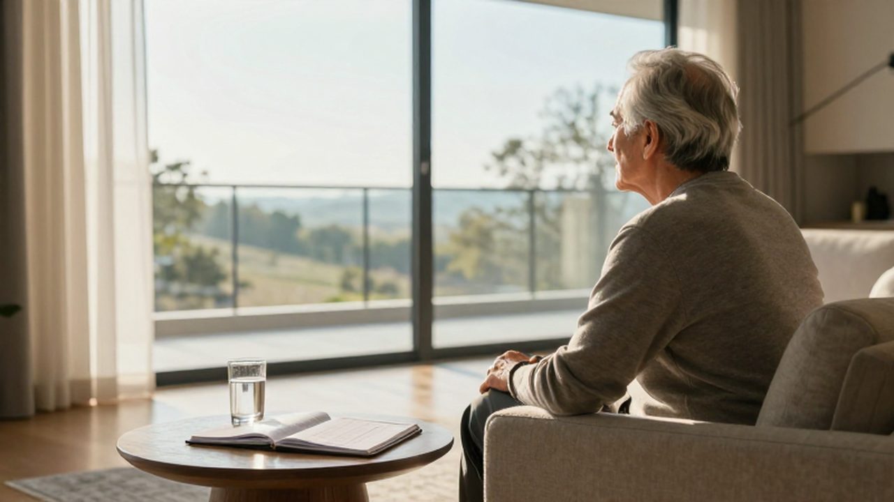 Persona mayor contemplando un paisaje a través de un ventanal junto a un planificador financiero.