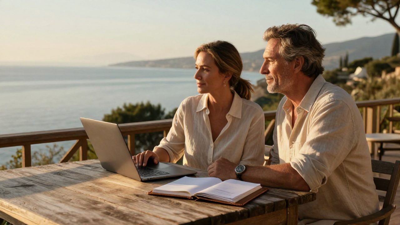 Pareja de mediana edad relajada en una terraza frente al mar con un ordenador y una agenda financiera.