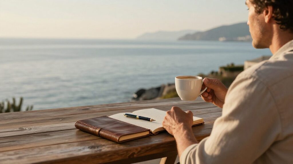 Persona mayor relajada en una terraza frente al mar con un café y un diario.