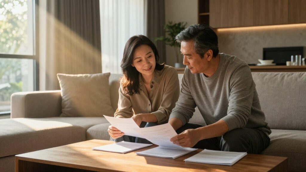 Pareja de mediana edad sentada en un sofá revisando documentos sobre una mesa de madera.