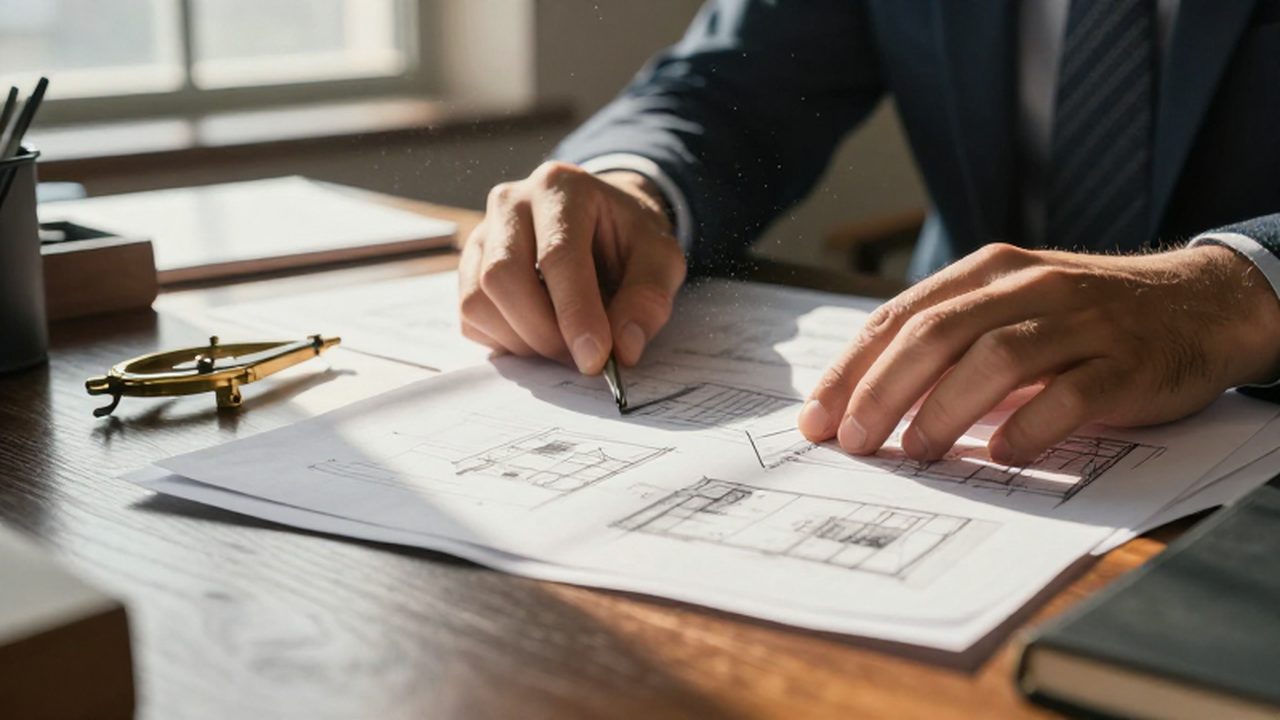 Manos organizando bocetos arquitectónicos, gráficos financieros y brújulas de latón sobre un escritorio de madera.