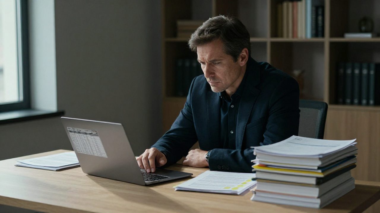 Hombre profesional concentrado analizando hojas de cálculo y libros de finanzas en un escritorio.