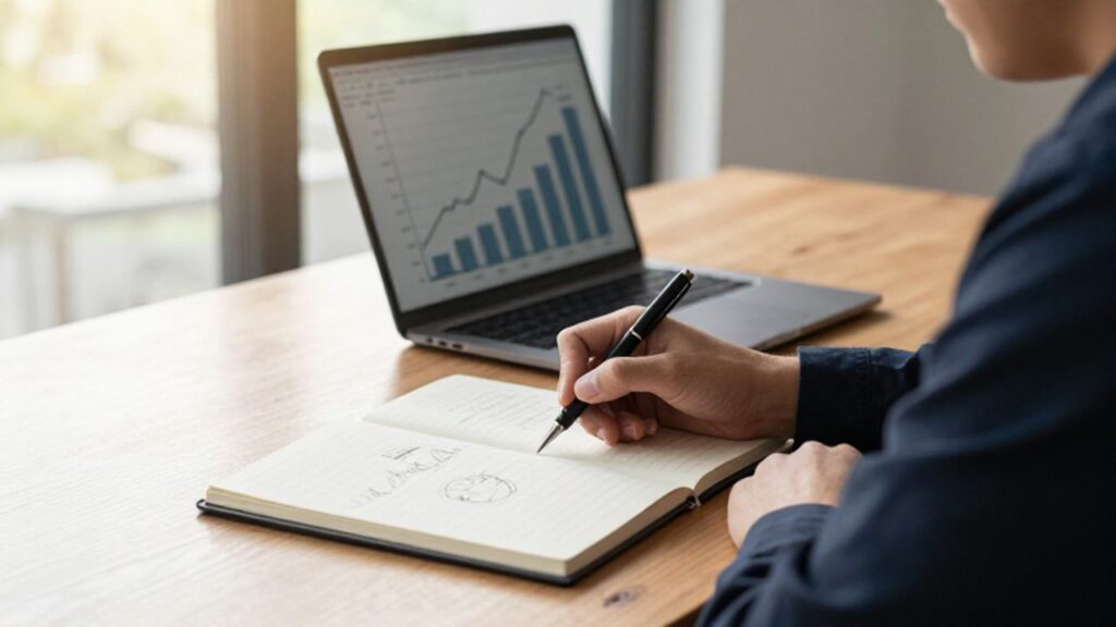 Primer plano de un cuaderno con gráficos financieros sobre un escritorio junto a un portátil.