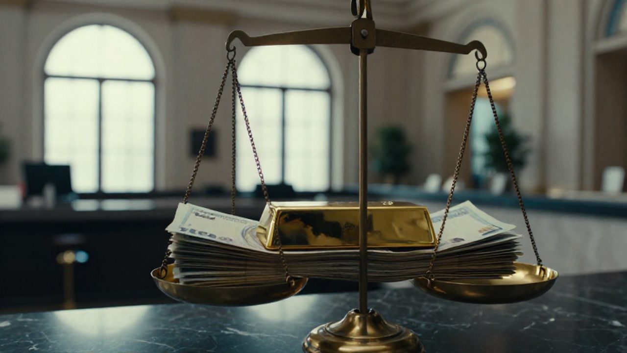 Balanza de latón antiguo equilibrando un fajo de billetes con un lingote de oro en un banco.