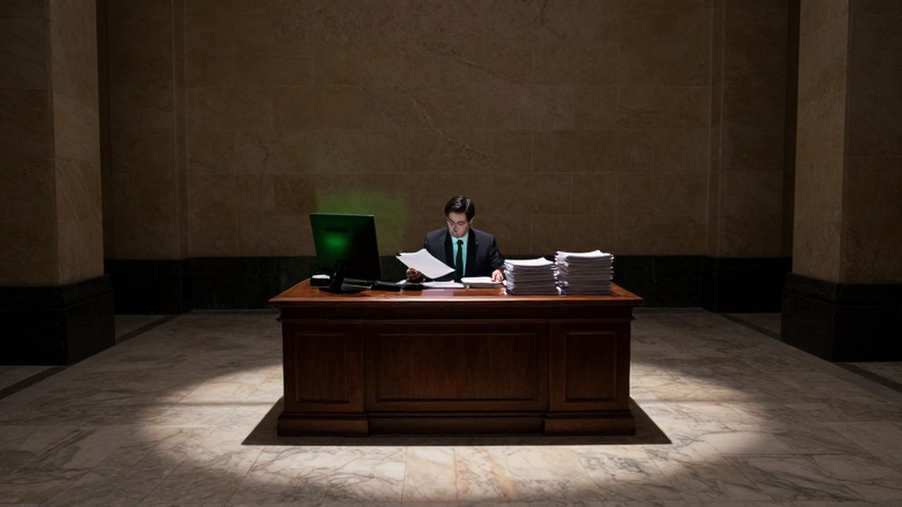 Banquero solitario revisando documentos ante un monitor verde en un gran salón de granito.