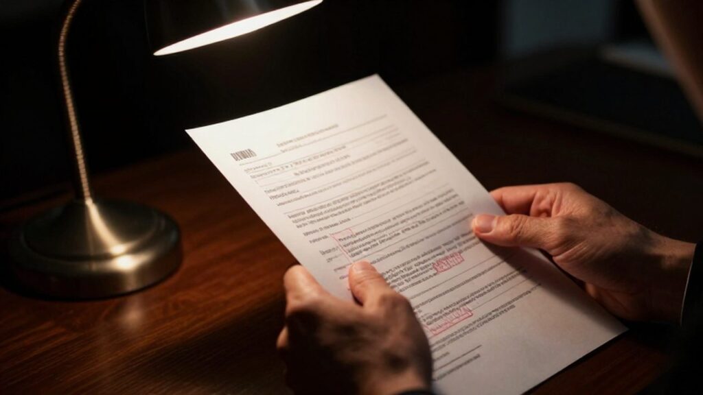 Manos temblorosas sujetando un documento oficial con sellos rojos bajo la luz de una lámpara.