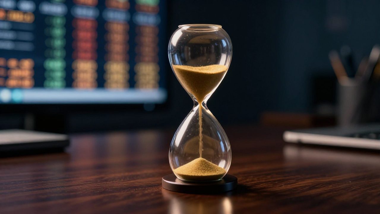 Reloj de arena con arena dorada sobre un escritorio de madera frente a una pantalla financiera.