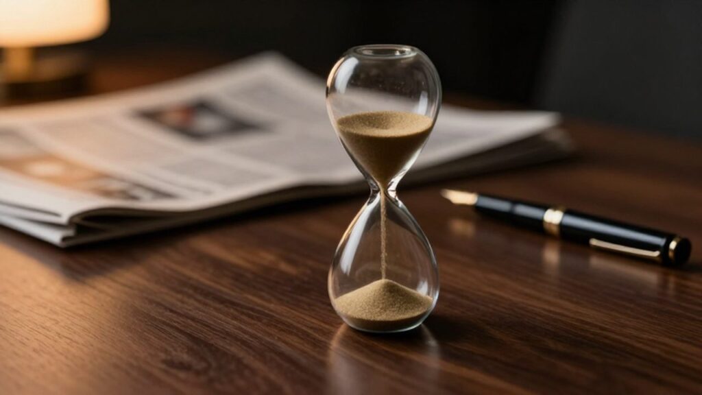 Reloj de arena con arena dorada sobre un escritorio de madera junto a un periódico financiero.