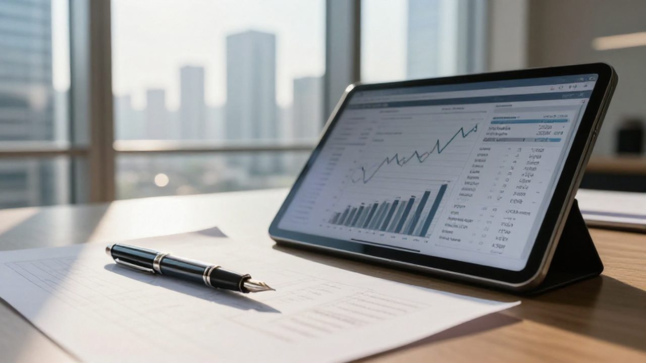 Escritorio de arquitecto con una tableta digital, gráficos financieros y una pluma sobre papel frente a un ventanal urbano.